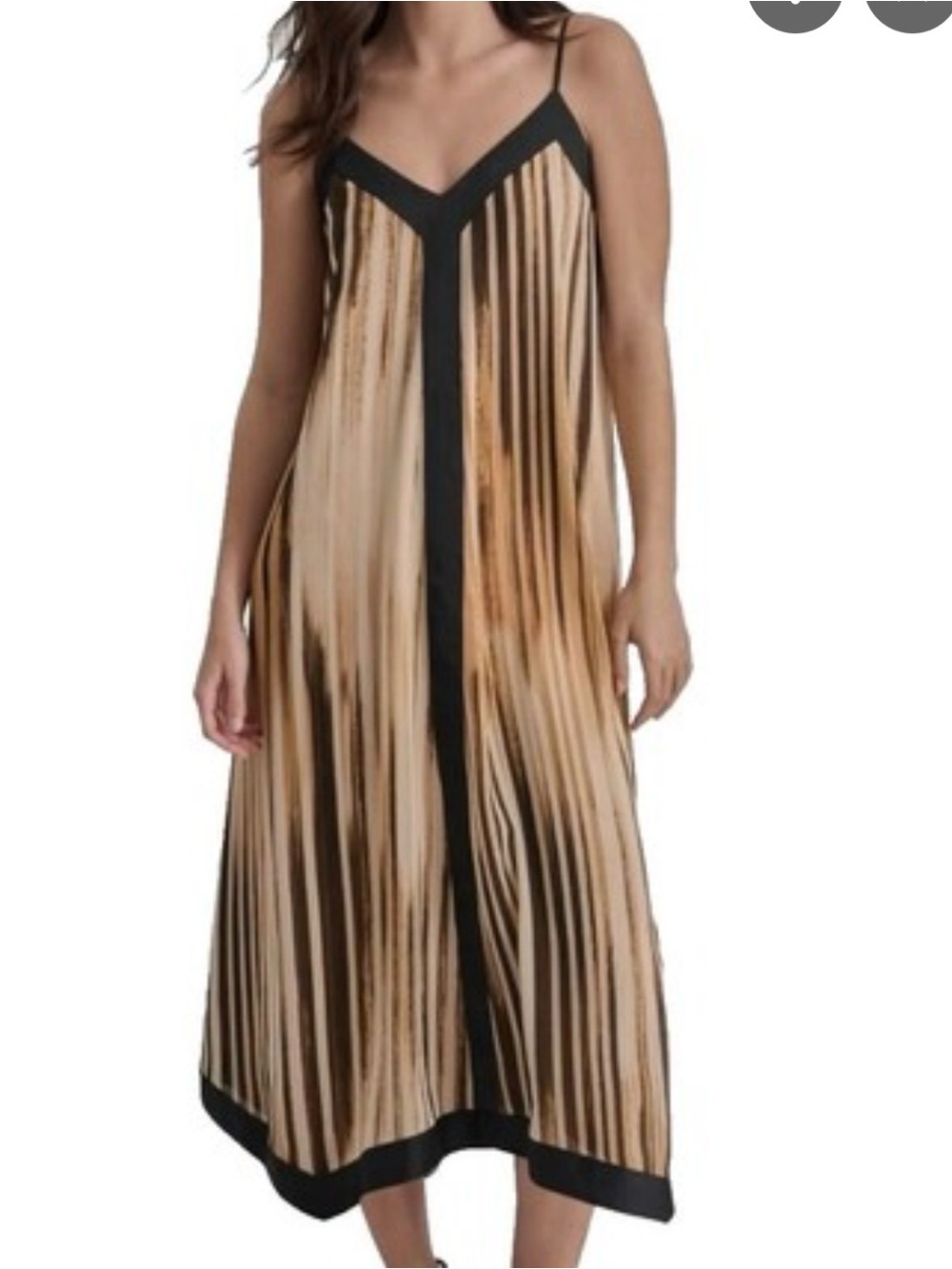 DKNY Sleeveless V-Neck Striped Midi Dress in Tan and Black